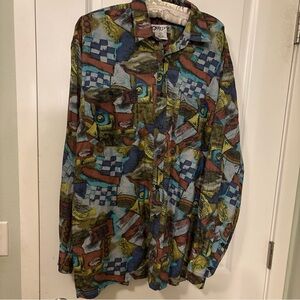 Vintage 90s-Gratify 100% Silk-Long Sleeve-Button Up- Mens Large-Racing Print